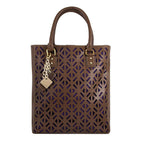 Luminous brown leather bag with sleek design and plush texture, featuring sturdy handles and subtle branding.