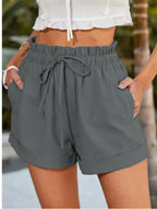 Light gray minimalist women's drawstring shorts with side pockets, casual style, made by Trendy Attic Store01.