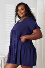 Mandy women's solid V-neck casual dress with tiered flounce sleeves, stylish and comfortable women’s apparel by Trendsi.
