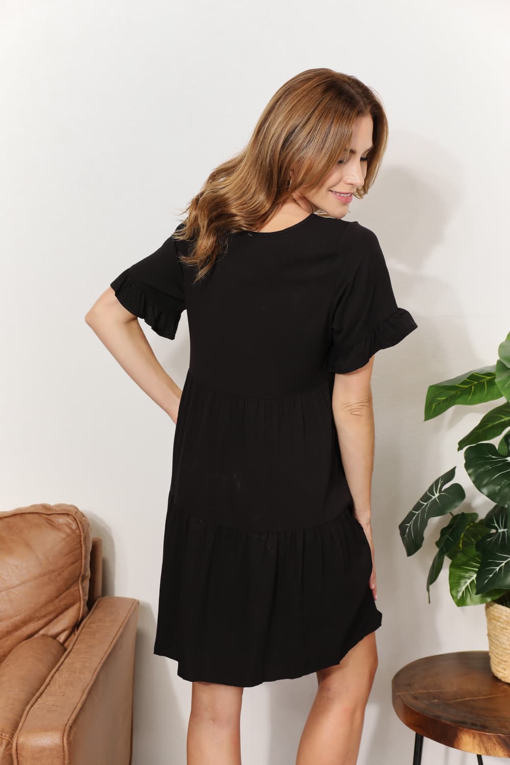 Mandy women's solid V-neck tiered flounce sleeve casual dress in lightweight fabric, perfect for everyday wear.