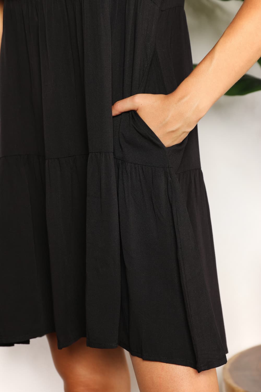 Mandy women's solid V-neck casual dress with tiered flounce sleeves, stylish and comfortable for everyday wear.