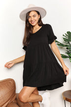 Mandy Women's solid V-neck tiered casual dress with flounce sleeves, stylish and comfortable women's apparel from Trendsi.