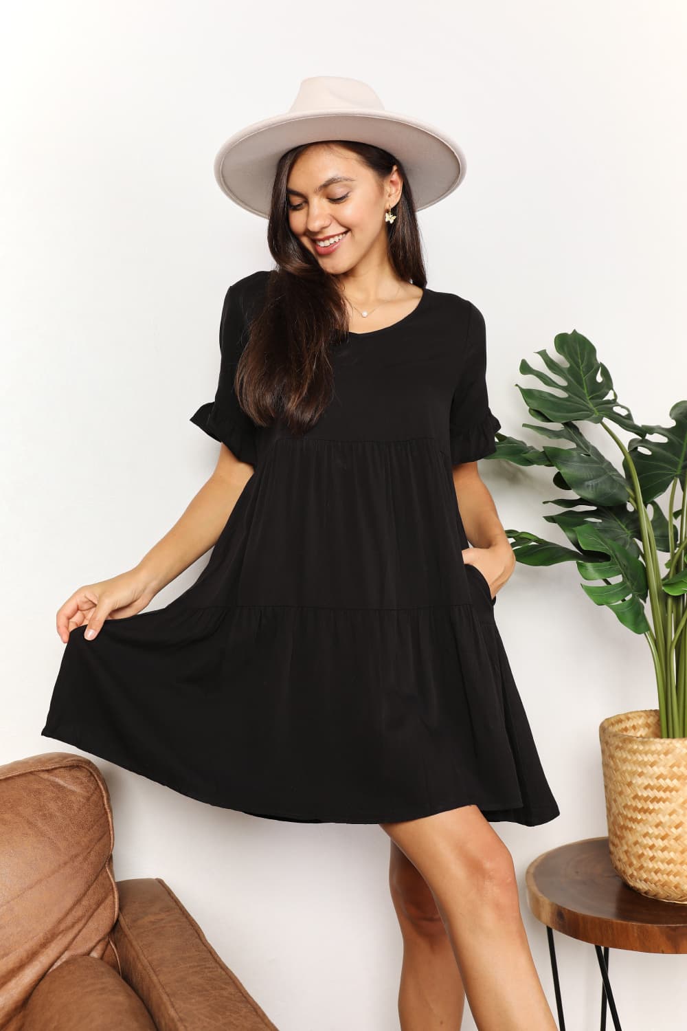 Mandy Women's solid V-neck tiered casual dress with flounce sleeves, stylish and comfortable for everyday wear