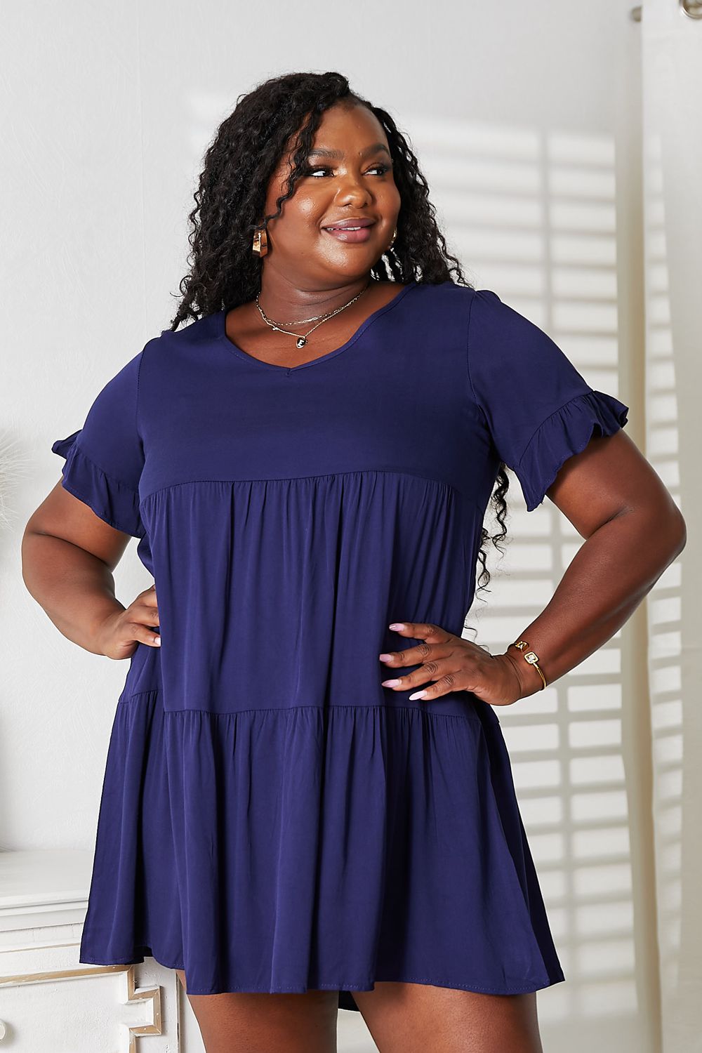 Mandy Women's solid V-neck tiered flounce sleeve casual dress in lightweight fabric, perfect for everyday wear.