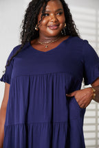 Mandy Women's solid V-neck casual dress with tiered design and flounce sleeves, stylish women’s apparel from Trendsi.
