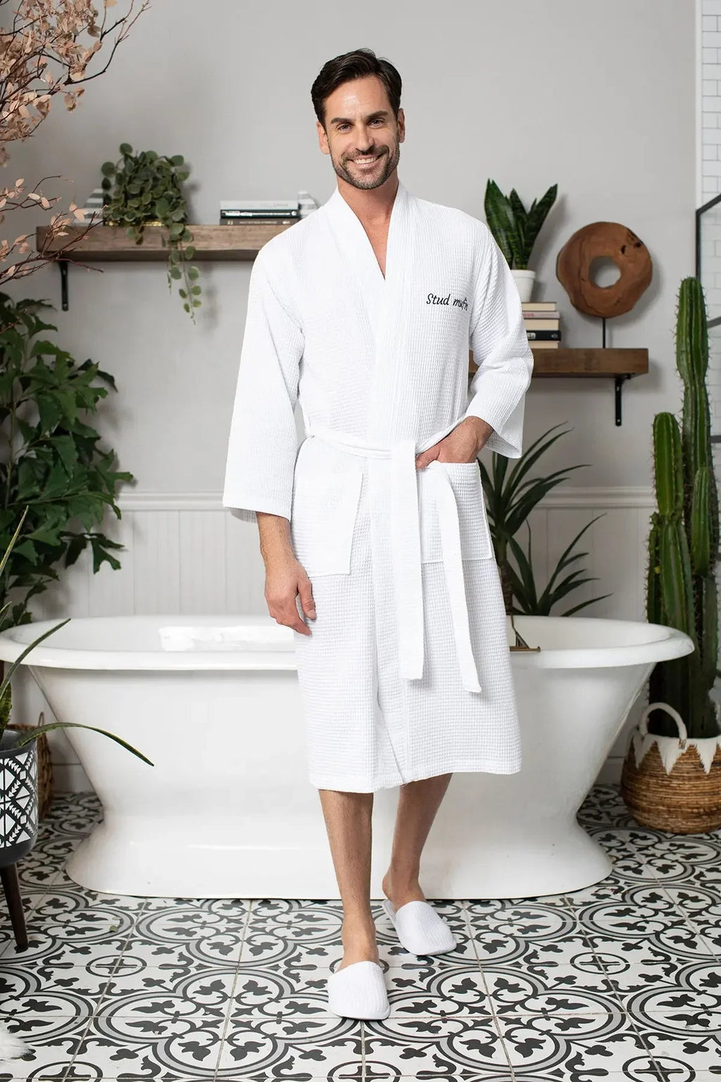 Absorbent, lightweight men's waffle spa bathrobe by Plush Fashion Hub, shown in a cozy, casual fit perfect for relaxing after a bath.