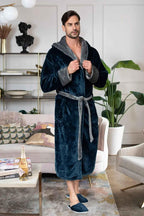 Men’s hooded bathrobe by Plush Fashion Hub, ultra-soft plush fabric, cozy and comfortable for everyday wear.