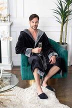Men’s hooded robe from Plush Fashion Hub, ultra-soft plush material with a cozy hood, perfect for comfortable everyday wear.