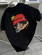 Men's printed short-sleeved streetwear T-shirt from Plush Fashion Hub with bold graphic design and comfortable fit.