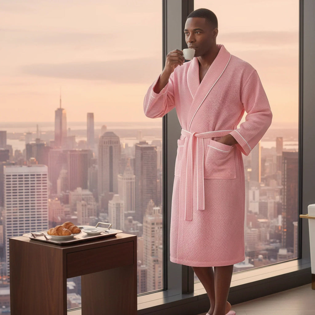 Men's plush waffle piping robe from Plush Fashion Hub, featuring a cozy design with piping details and a relaxed fit.