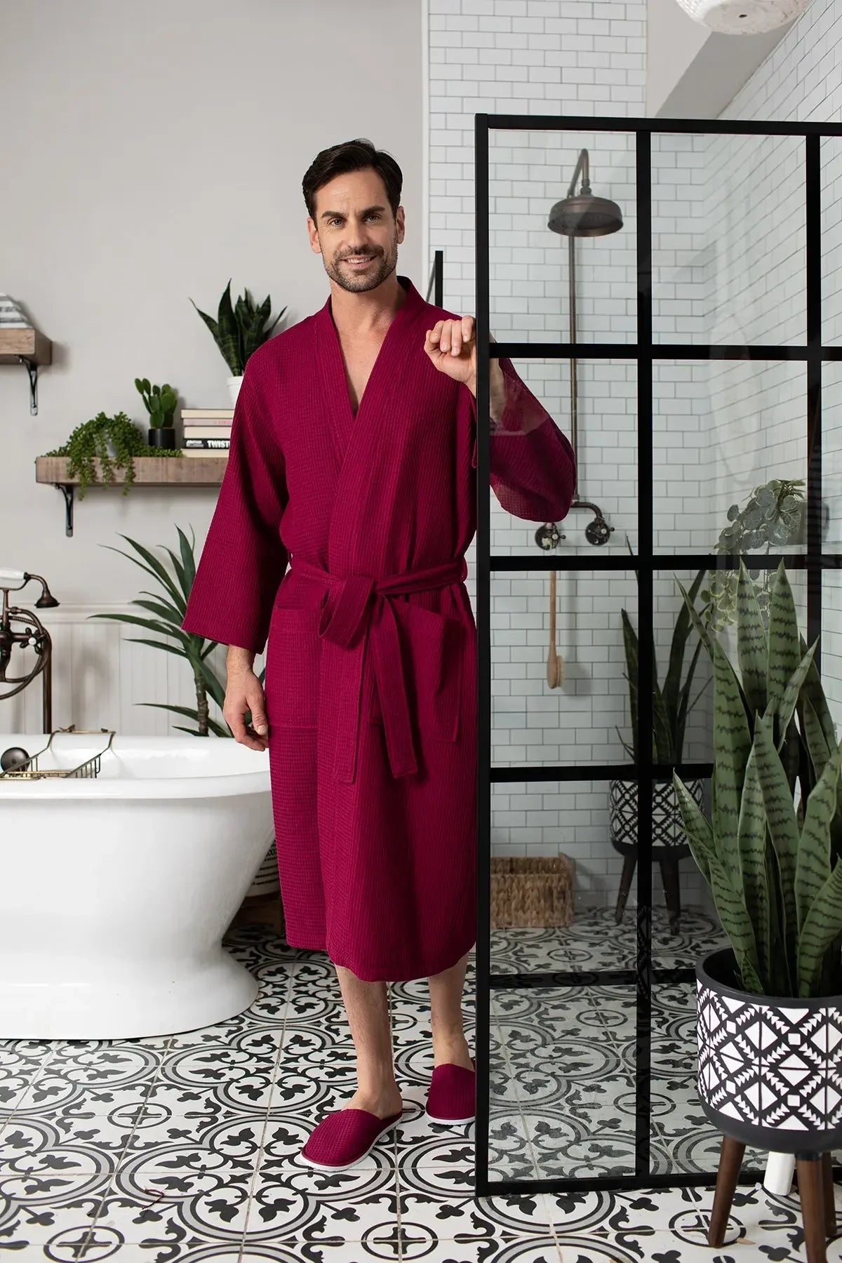 Men's plush waffle spa bathrobe from Plush Fashion Hub, lightweight and absorbent, shown with matching slippers.
