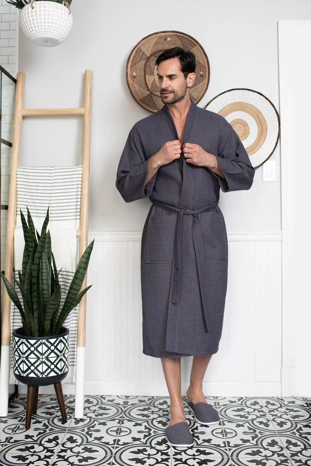 Men's waffle spa bathrobe by Plush Fashion Hub, lightweight and absorbent, shown hanging with a soft textured fabric.