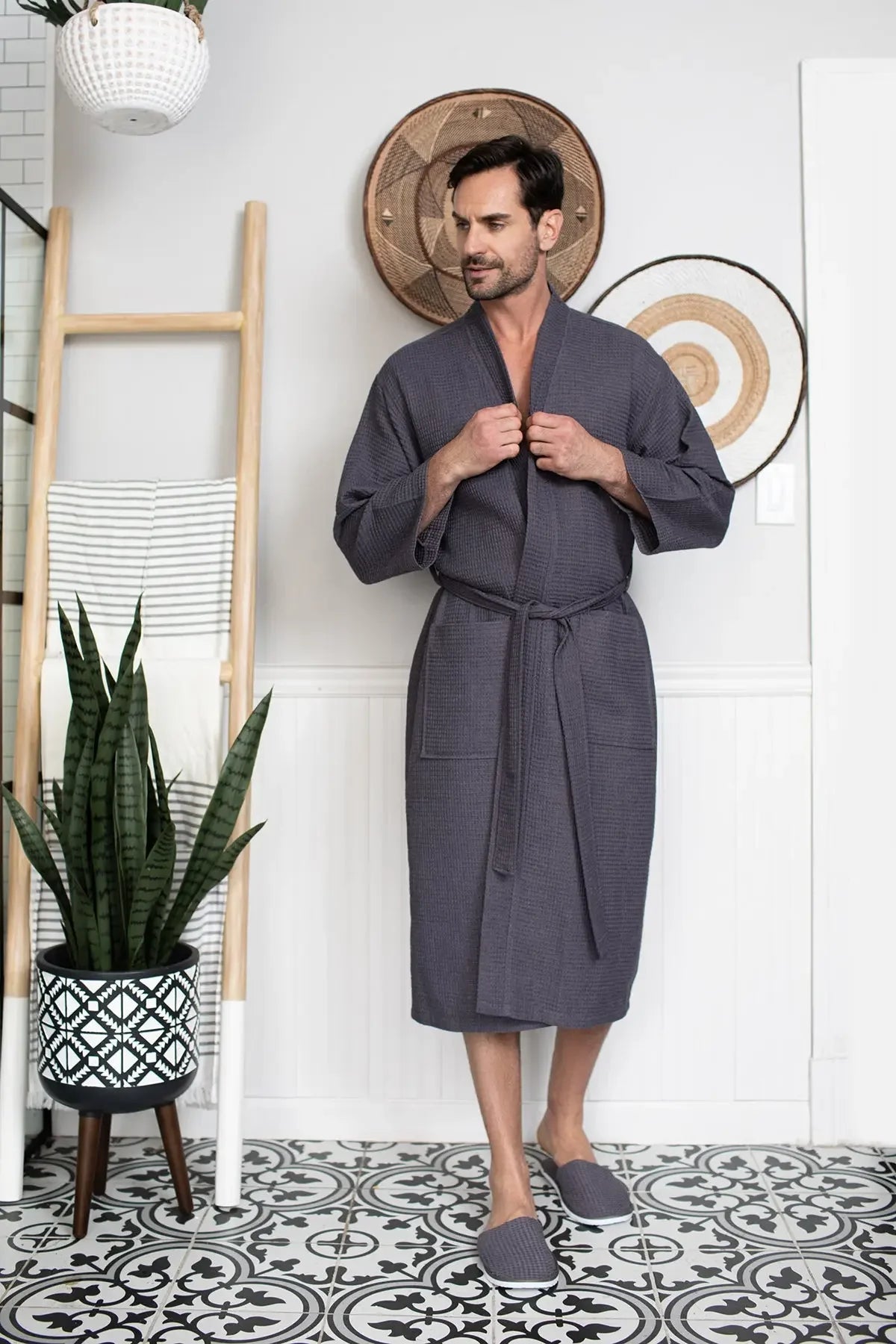 Men's waffle spa bathrobe by Plush Fashion Hub, lightweight and absorbent, shown hanging with a soft textured fabric.