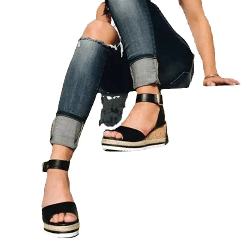 Korean-style summer women sandals with wedge heel and peep-toe design in neutral tones, perfect for casual outings.