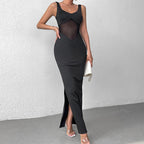 Bella Mia milk silk mesh cami maxi dress with stitching, sexy split backless design, perfect for formal occasions