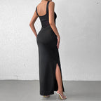 Bella Mia milk silk mesh cami maxi dress with stitching, sexy split backless design, suitable for formal occasions.