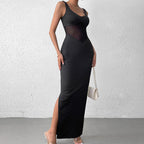 Bella Mia milk silk mesh cami maxi dress with stitching, sexy split backless design, ideal for formal occasions.