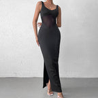 Bella Mia milk silk mesh cami maxi dress with stitching, sexy split backless design, perfect for formal occasions.