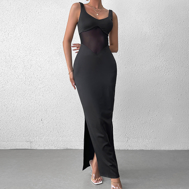 Bella Mia milk silk mesh cami maxi dress with stitching, sexy split backless design, perfect for formal occasions.