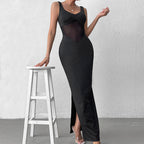 Bella Mia milk silk mesh cami maxi dress with stitching, sexy split backless design, perfect for formal occasions