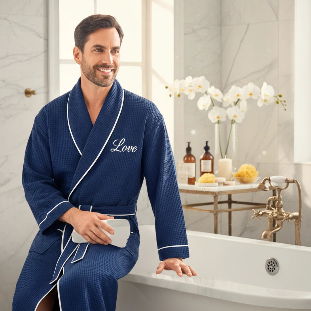 Plush Fashion Hub premium waffle piping men's robe with monogram embroidery, soft and comfortable for lounging or casual wear.