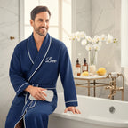 Plush Fashion Hub premium waffle piping men's robe with monogram embroidery, soft and comfortable for lounging or casual wear.