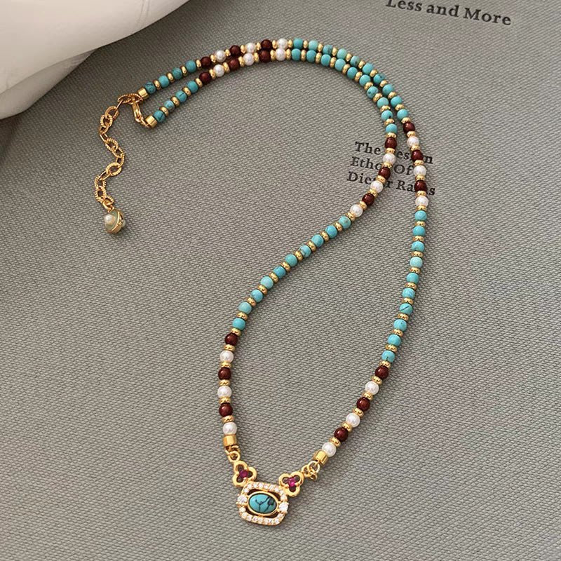 Natural turquoise pearl necklace featuring traditional Chinese style clavicle design, crafted by Plush Fashion Hub.