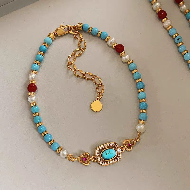 Natural turquoise pearl Chinese-style clavicle necklace with traditional design, crafted by Plush Fashion Hub.