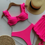 Women's solid color three-piece bikini set from Trendy Attic Store01, featuring a top, bottom, and cover-up in vibrant swimwear style.