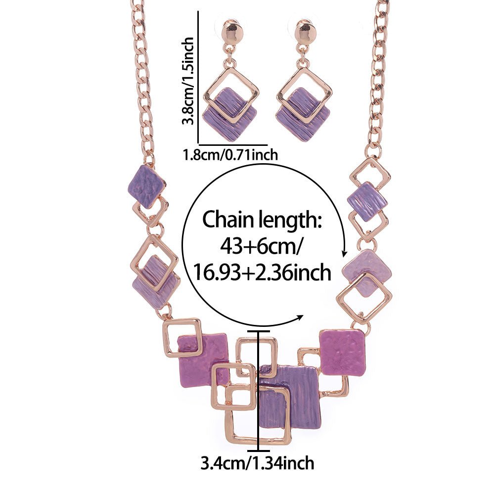 Zinc alloy geometric square necklace and earrings set with colorful oil finish, hollow design, stylish jewelry for women.