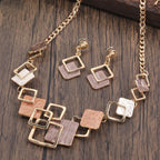 Zinc alloy geometric square necklace and hollow earrings set in vibrant color, stylish jewelry kit for women.