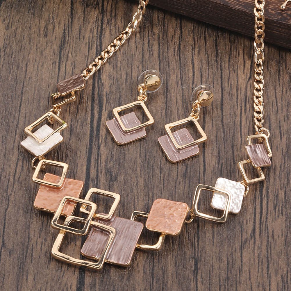 Zinc alloy geometric square necklace and hollow earrings set in vibrant color, stylish jewelry kit for women.