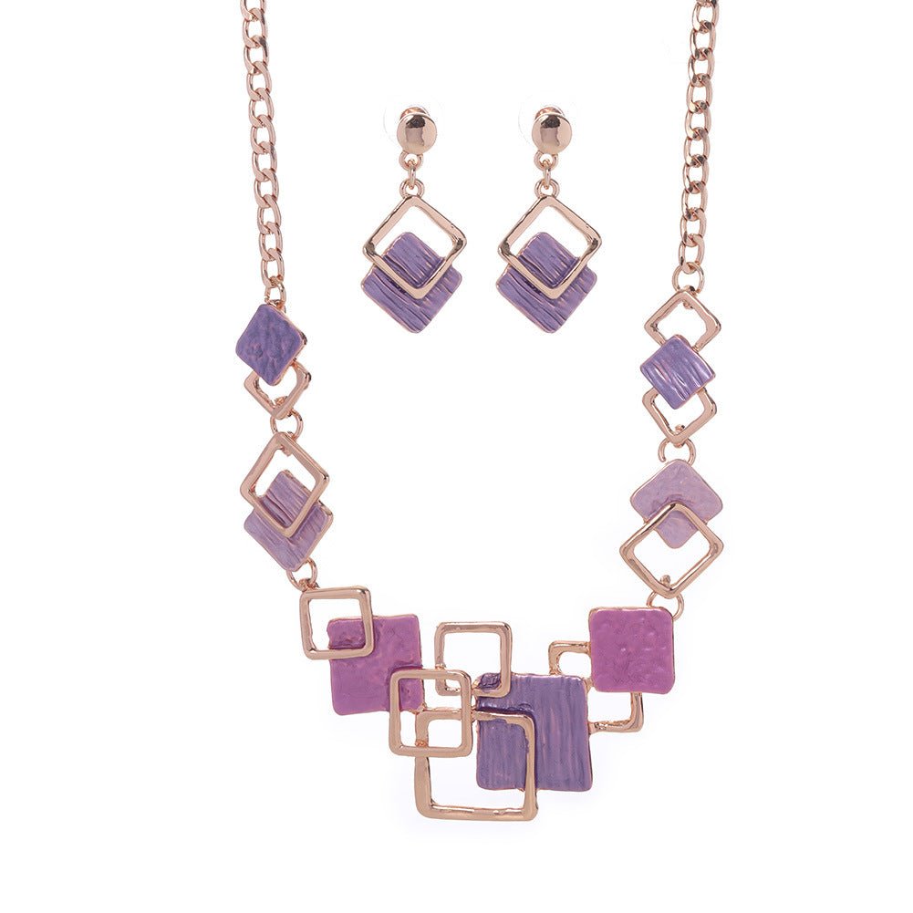 Zinc alloy geometric square necklace and earrings kit featuring colorful oil finish, hollow design, for women.