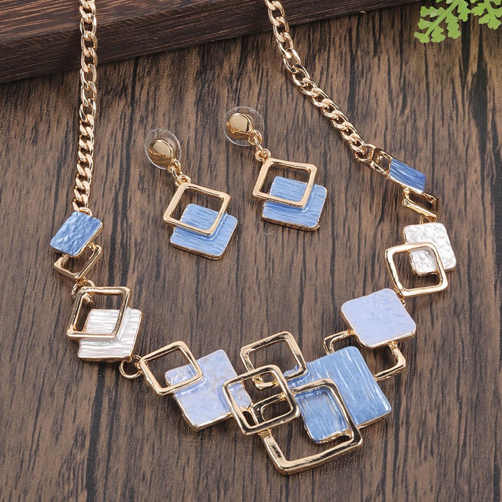 Zinc alloy geometric square necklace and earrings kit with colorful oil finish, hollow design for women.
