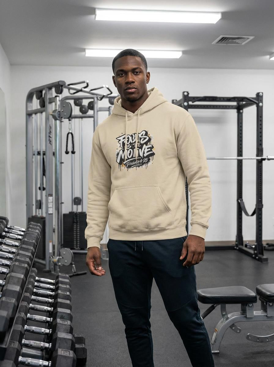 Male models wearing Plush Fashion Hub Focus Is The Motive graffiti streetwear pullover hoodie, featuring bold graphic designs.