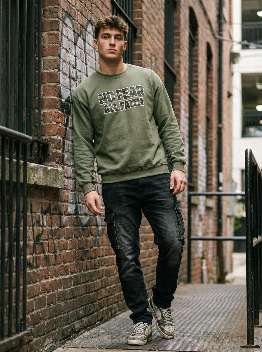Male models wearing the No Fear All Faith Crewneck sweatshirt featuring 2 Timothy 1:7 inspirational quote, by Wear Your Worship.