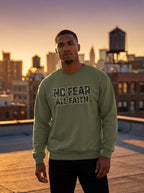 Male models wearing the No Fear All Faith Crewneck sweatshirt by Wear Your Worship featuring 2 Timothy 1:7 inspirational quote.