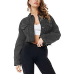 Stevvex women's ripped denim jacket in vintage casual style with puff sleeves, perfect for spring and winter streetwear fashion.