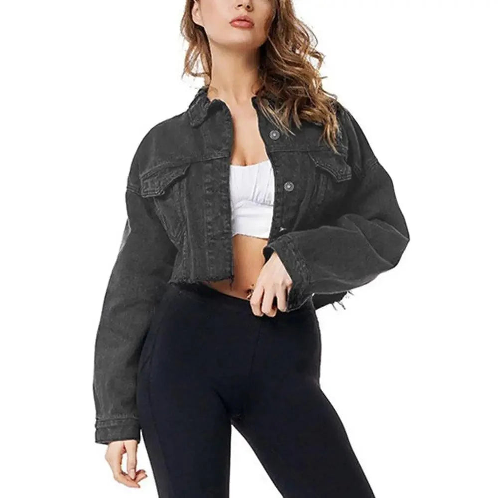Stevvex women's ripped denim jacket in vintage casual style with puff sleeves, perfect for spring and winter streetwear fashion.