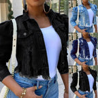 Stevvex women's ripped denim jacket with puff sleeves, vintage casual style, short jean coat perfect for spring streetwear.
