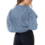Stevvex women's ripped denim jacket with puff sleeves, vintage casual style, short Jean jacket for spring and winter streetwear.