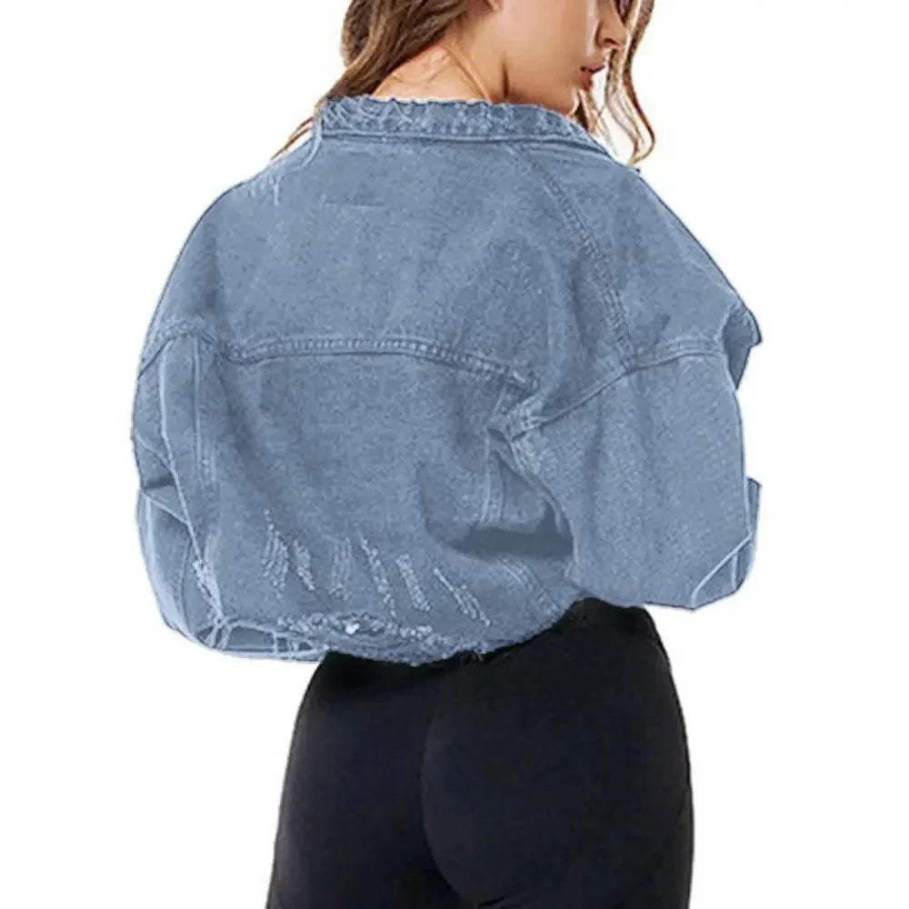Stevvex women's ripped denim jacket with puff sleeves, vintage casual style, short Jean jacket for spring and winter streetwear.