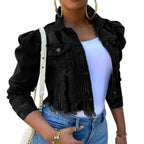 Stevvex women's ripped denim jacket with puff sleeves, vintage casual style, short jean coat, perfect for spring and streetwear.