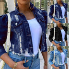 Stevvex women's ripped denim jacket with puff sleeves, vintage casual style, short jean design for spring and winter streetwear.