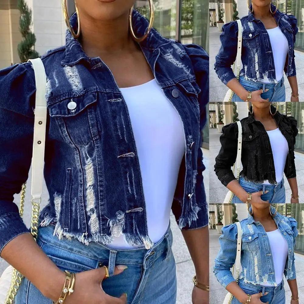 Stevvex women's ripped denim jacket with puff sleeves, vintage casual style, short jean design for spring and winter streetwear.