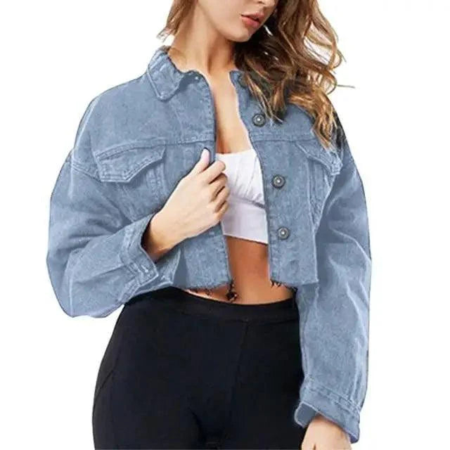 Stevvex women's ripped denim jacket with puff sleeves, vintage casual style, short jean jacket for spring and winter wear