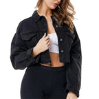 Stevvex women's ripped denim jacket with puff sleeves, vintage casual style, short jean coat, perfect for spring and streetwear fashion.