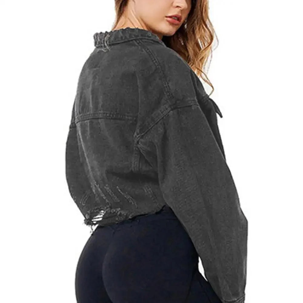 Stevvex women's ripped denim jacket with puff sleeves, vintage casual style, perfect for spring and winter streetwear fashion.