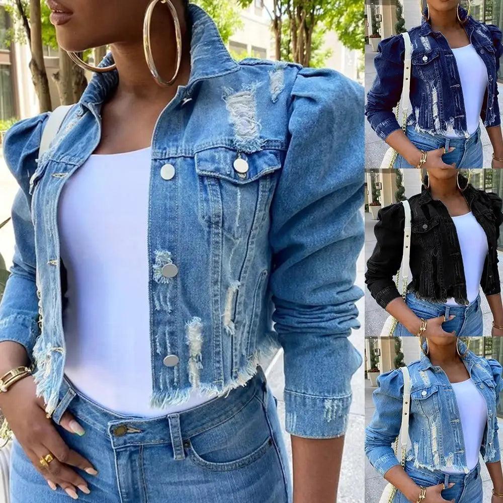 Stevvex women's ripped denim jacket with vintage style, puff sleeves, casual short design, perfect for spring and winter streetwear.