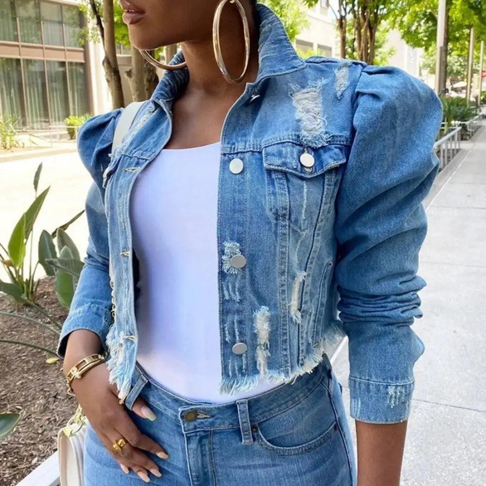 Stevvex women's ripped denim jacket featuring vintage casual style, puff sleeves, short length, perfect for spring and streetwear fashion.